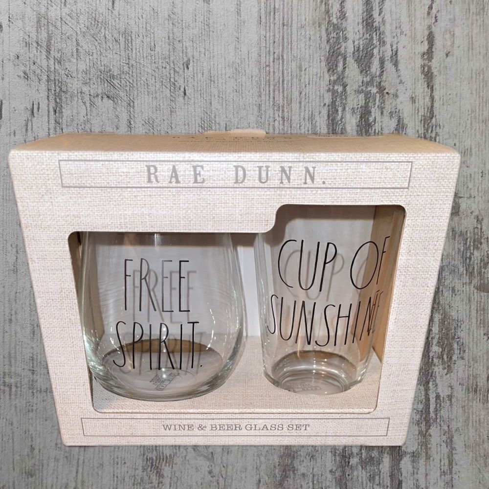 Rae Dunn FREE SPIRIT/CUP OF SUNSHINE Wine And Beer Glass Set New
